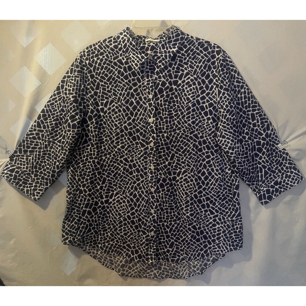 CHICO'S Blue & White Exotic Abstract Leopard Print Button Down Tunic Size 3 XL